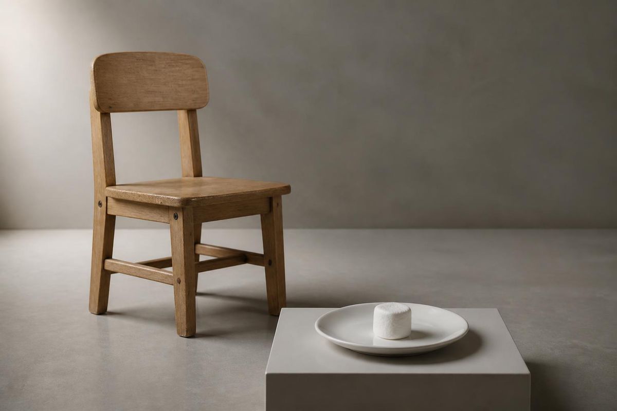 a single marshmallow on a small plate in front of an empty child-sized chair, presented like a piece of museum evidence