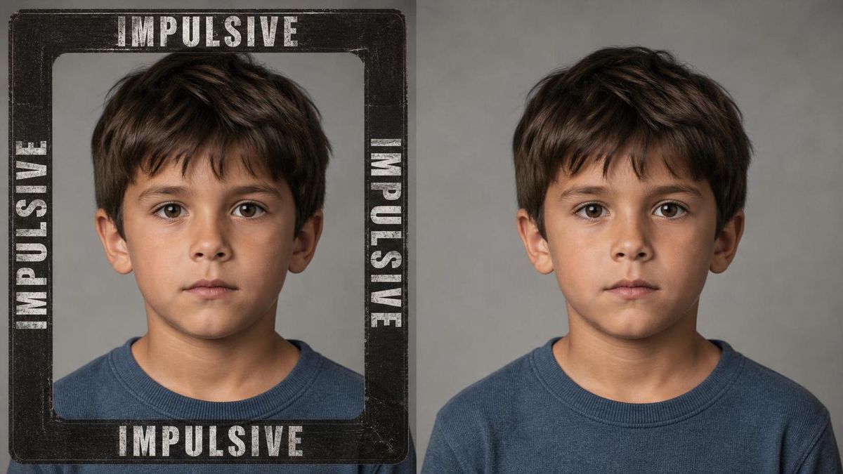 the same boy shown twice side by side, identical face, one framed by a dark label-style border reading 'impulsive' and one unframed