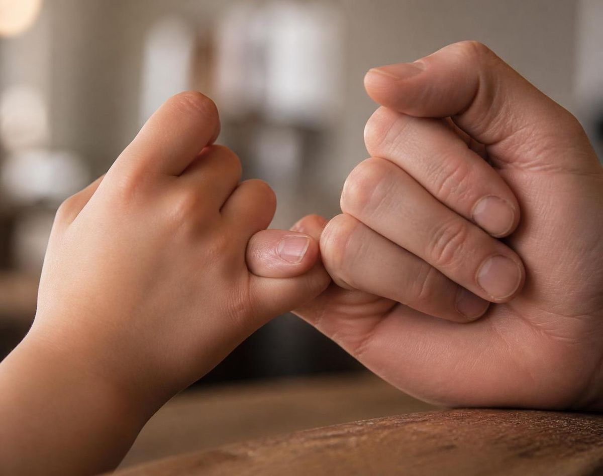 a child's hand and an adult's hand hooked together in a pinky-promise, filling the frame