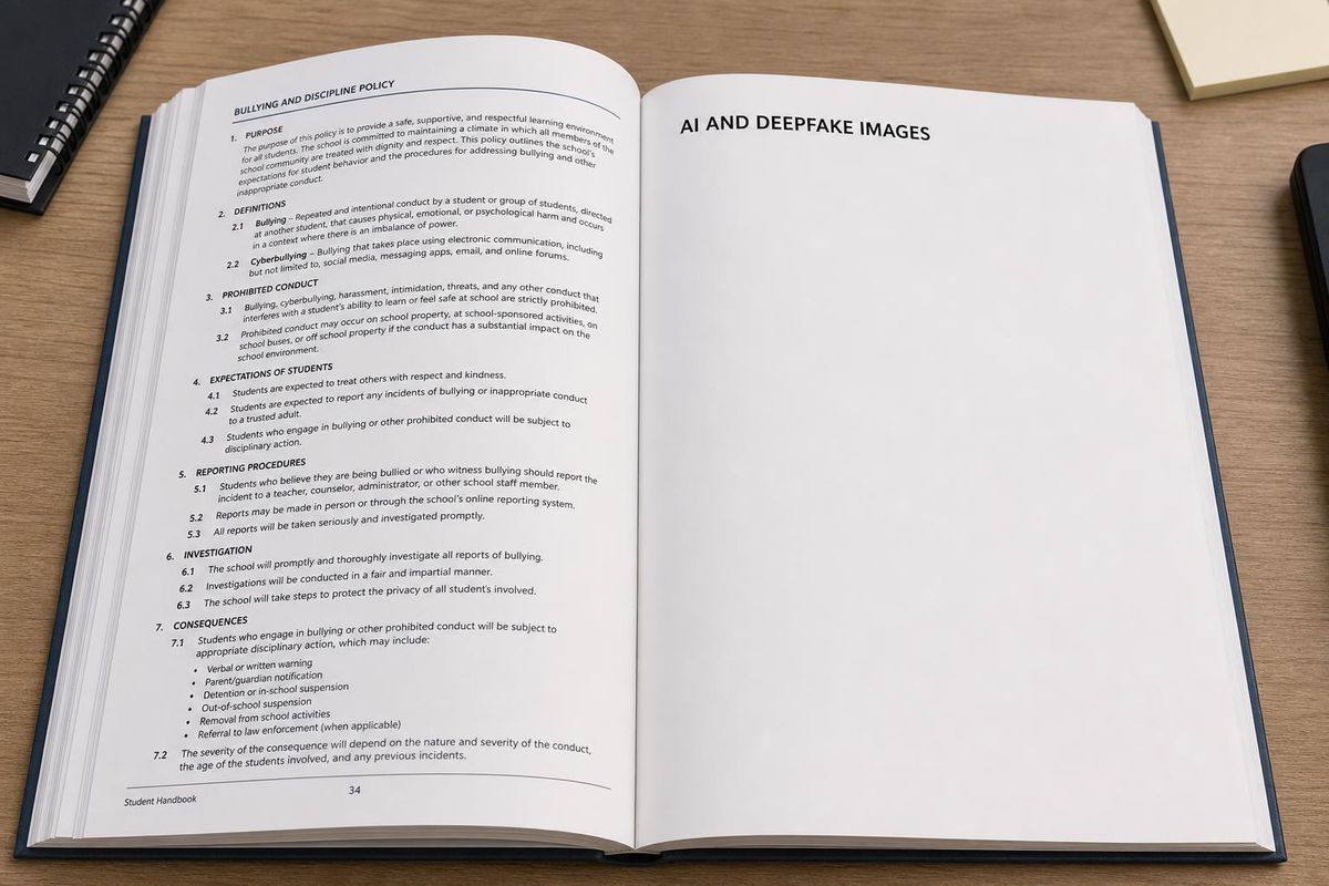 conceptual graphic of an open school bullying-policy handbook where the section headed AI and deepfake images is blank white space, the surrounding pages dense with text; no people, no faces, nothing explicit