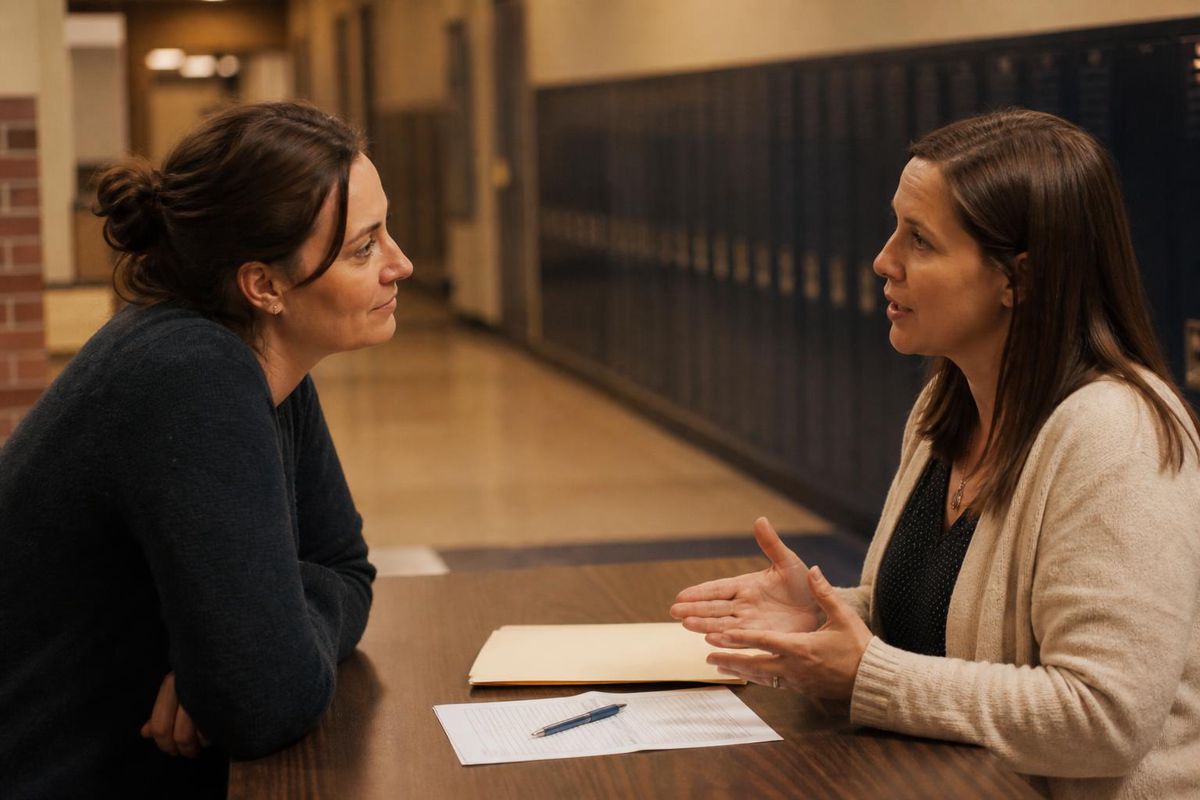 photoreal scene of a parent talking with a teacher across a table at a school open house, folder and sign-up sheet between them, hallway of lockers behind, no phones in frame