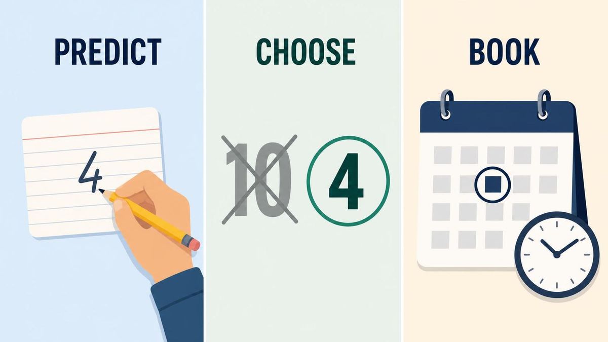 three-panel editorial infographic of the week's steps: write your predicted number, choose the 4 instead of the 10, book a dated commitment