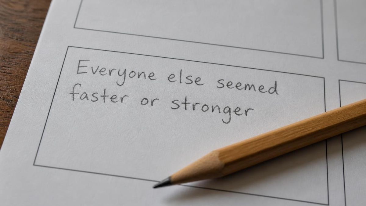 a survey answer box with the handwritten words Everyone else seemed faster or stronger and a pencil resting beside it