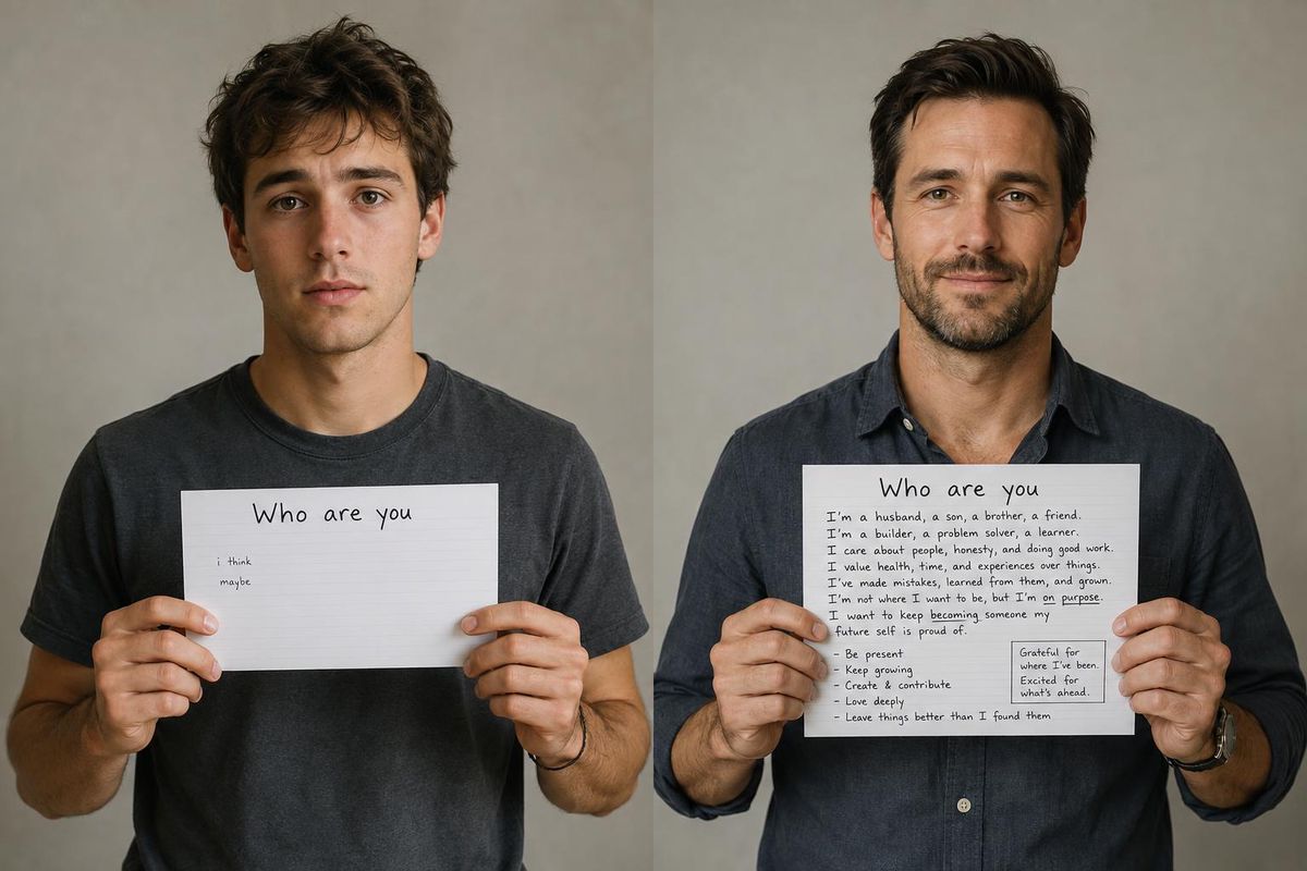 Two versions of the same man side by side, mid-20s and mid-30s, each holding a short handwritten card that reads Who are you, the younger card mostly blank, the older one filled in