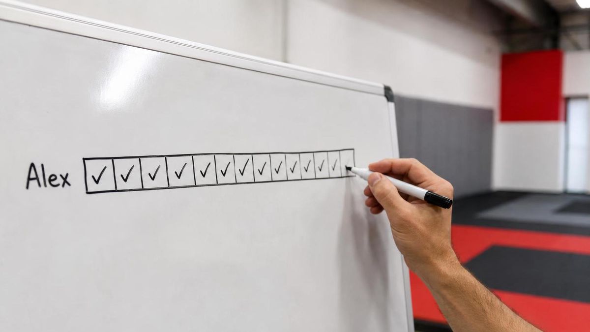 A gym whiteboard-style attendance grid with a member's name and a run of consecutive weeks marked, one hand mid-way through marking the next box