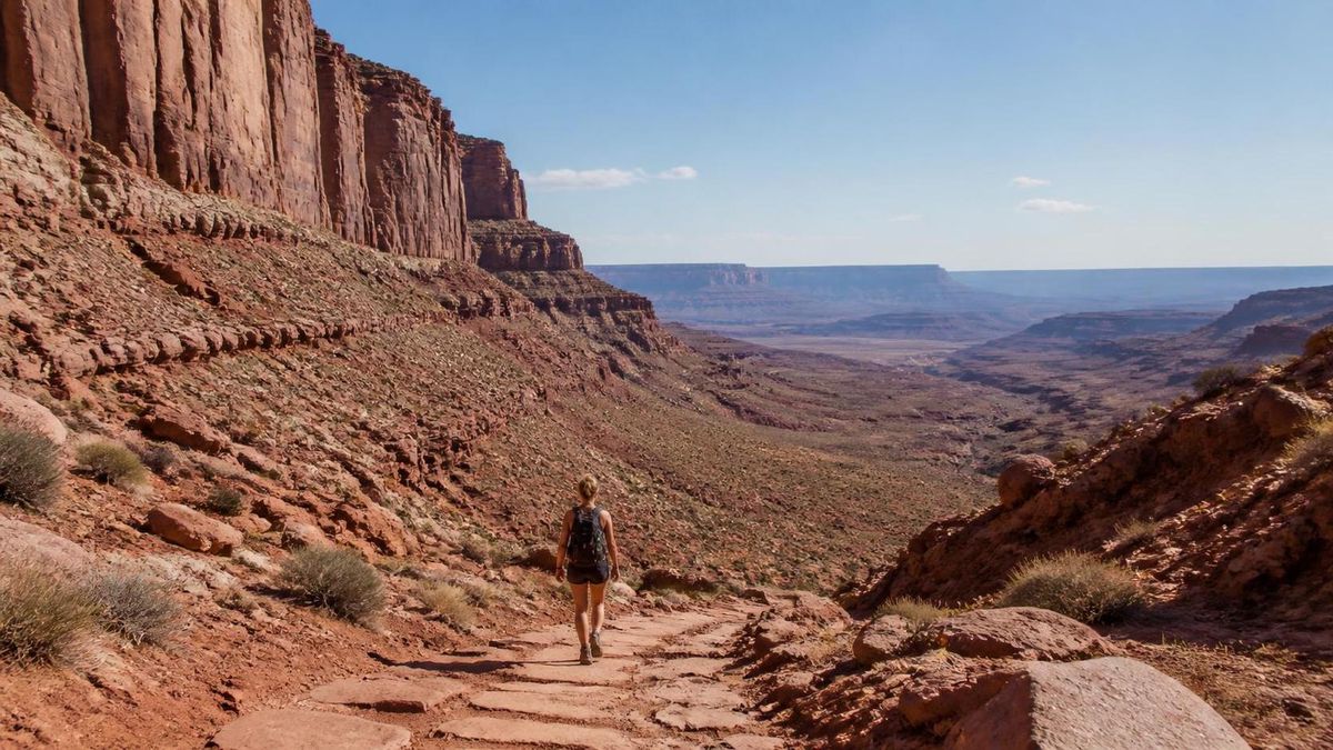 a lone woman hiking upright on a remote red-rock canyon trail, seen from behind, vast and isolated landscape emphasizing how far help is