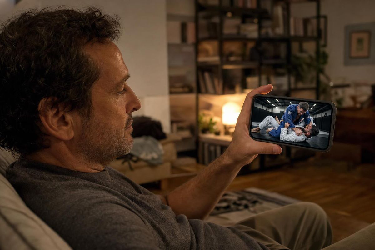 A 40-something man on his couch at night looking at a BJJ roll playing on his phone