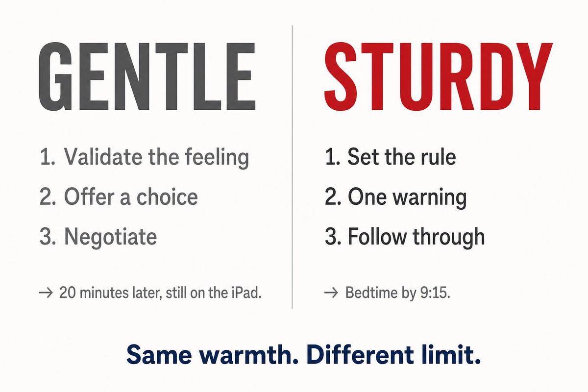 Infographic comparing gentle parenting and sturdy parenting scripts side by side at the 9 PM iPad handoff — gentle ends in a 20-minute negotiation, sturdy ends with bedtime by 9:15