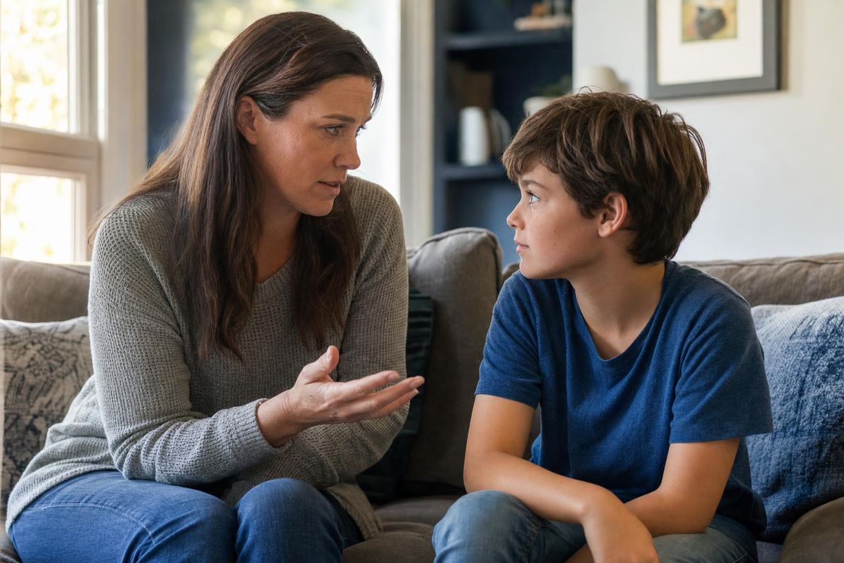 A parent and a child talking on a couch