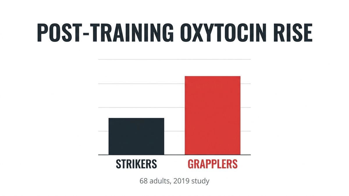 Simple two-bar infographic comparing the post-training oxytocin rise in grapplers versus strikers, grappler bar clearly taller, labeled 68 adults, 2019