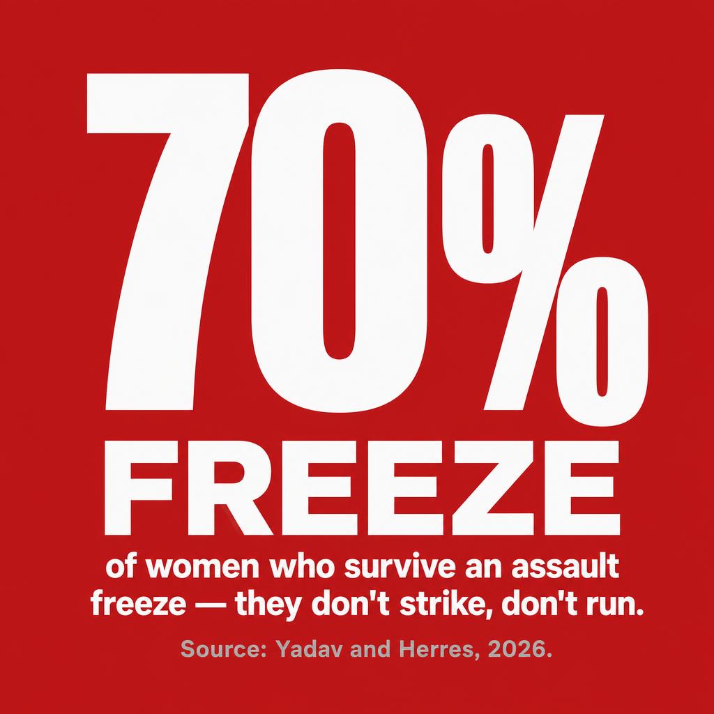 Infographic showing 70% of women who survive an assault freeze — they don't strike, don't run. Source: Yadav and Herres, 2026.