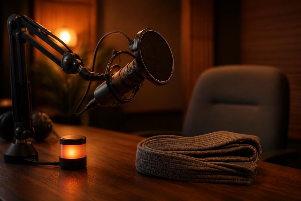 A podcast microphone with a folded BJJ belt resting beside it on the desk, belt color not identifiable