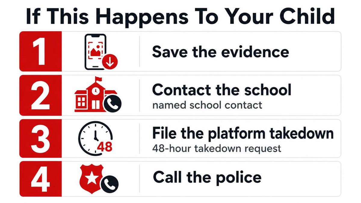 numbered checklist graphic of the four first moves, save evidence, named school contact, 48-hour takedown, police report