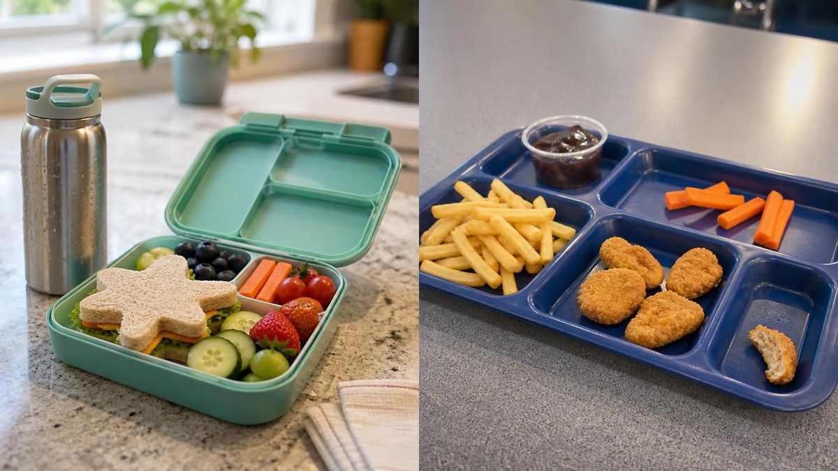 an open packed lunchbox on a kitchen counter beside a school cafeteria tray, the two meals visibly different