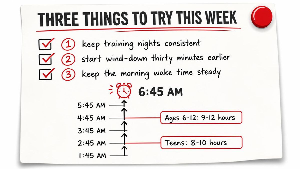 A simple fridge-note style infographic listing the three steps, with the pediatric sleep guideline of 9 to 12 hours for ages 6 to 12 and 8 to 10 hours for teens shown as a countdown from a 6:45 AM alarm.