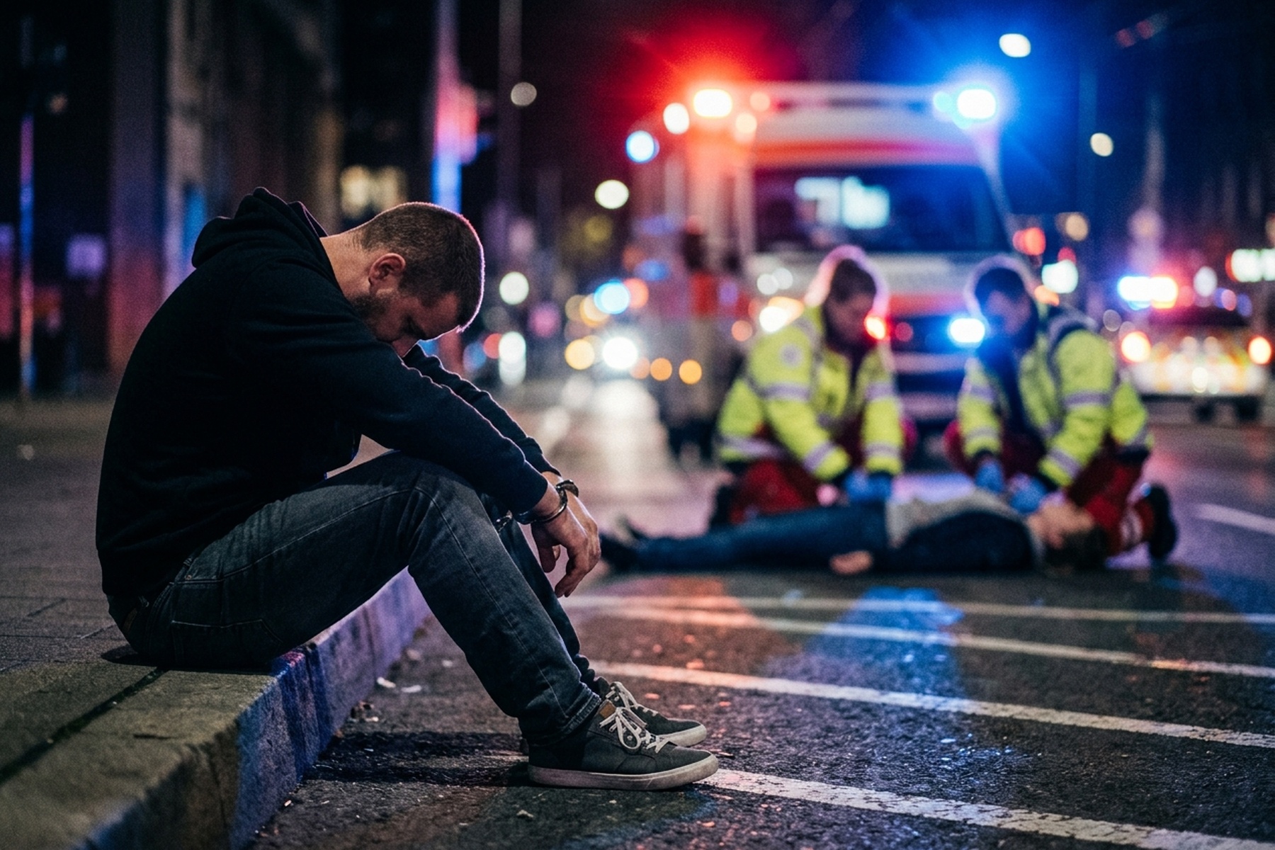 Man in handcuffs on curb with paramedics in background