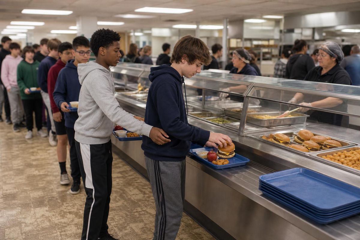 a school cafeteria serving line, 13-year-olds queued with trays along the rail, the student at the counter taking a burger while the next student waits behind him with his own tray