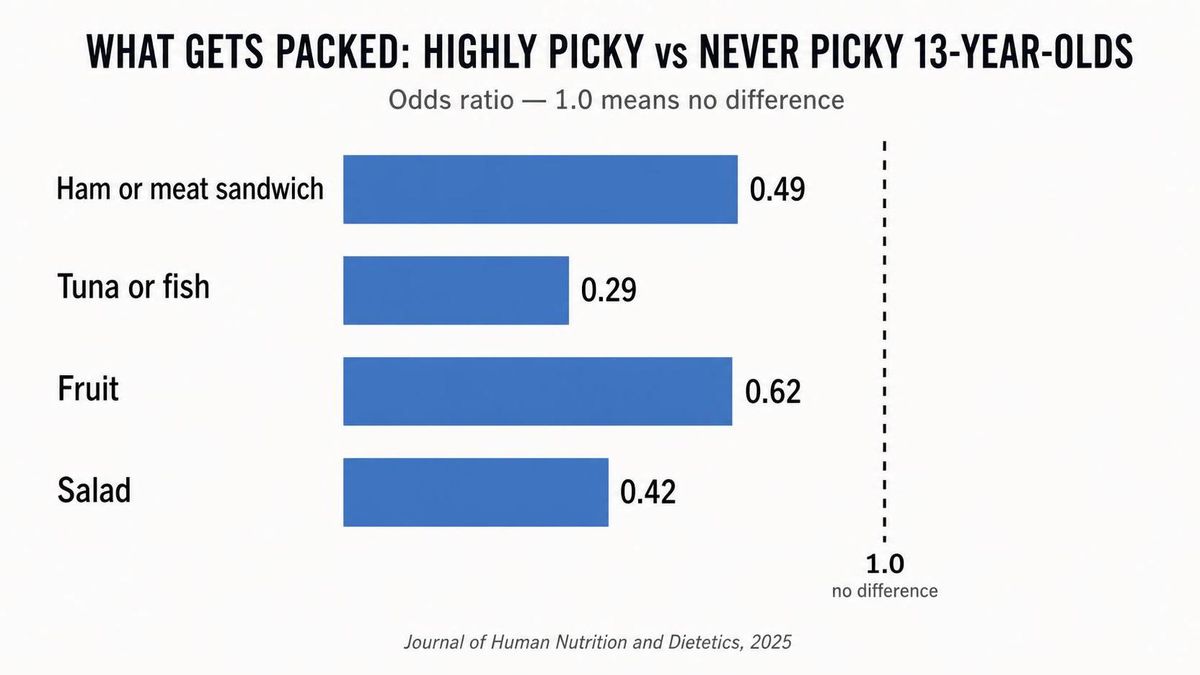 a bar chart of what gets packed for highly picky versus never picky 13-year-olds, showing ham sandwich, tuna, fruit and salad all well below the no-difference line