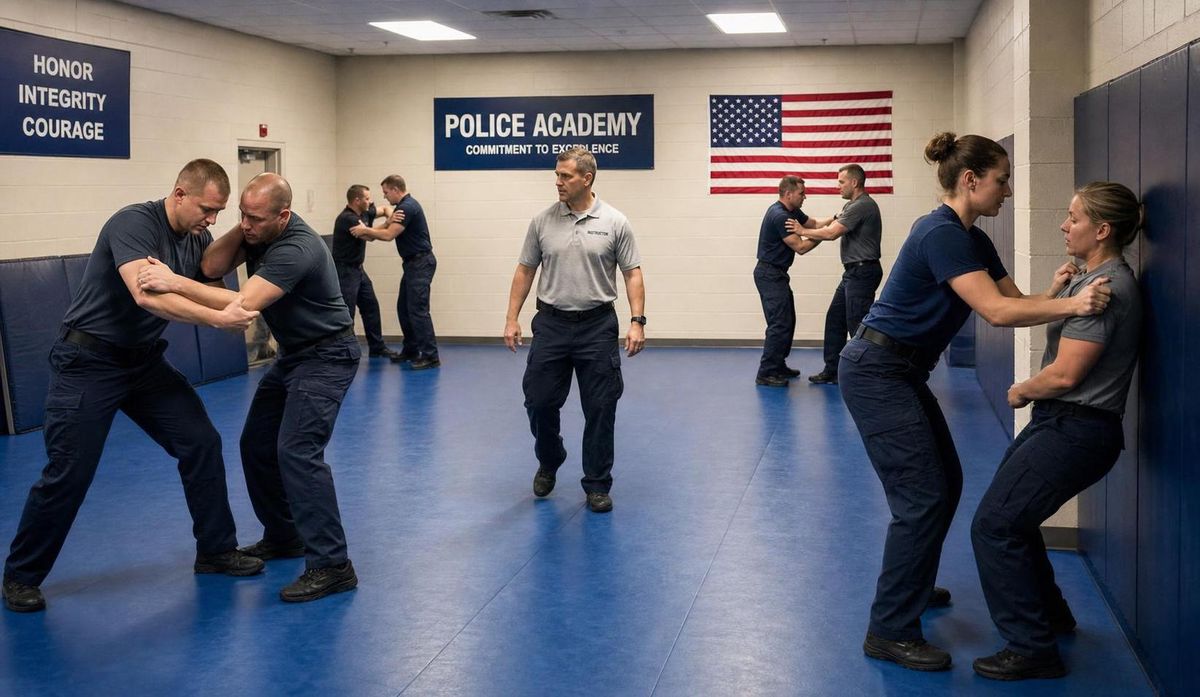 A wide shot of a police academy training room, pairs of adults practicing standing control techniques