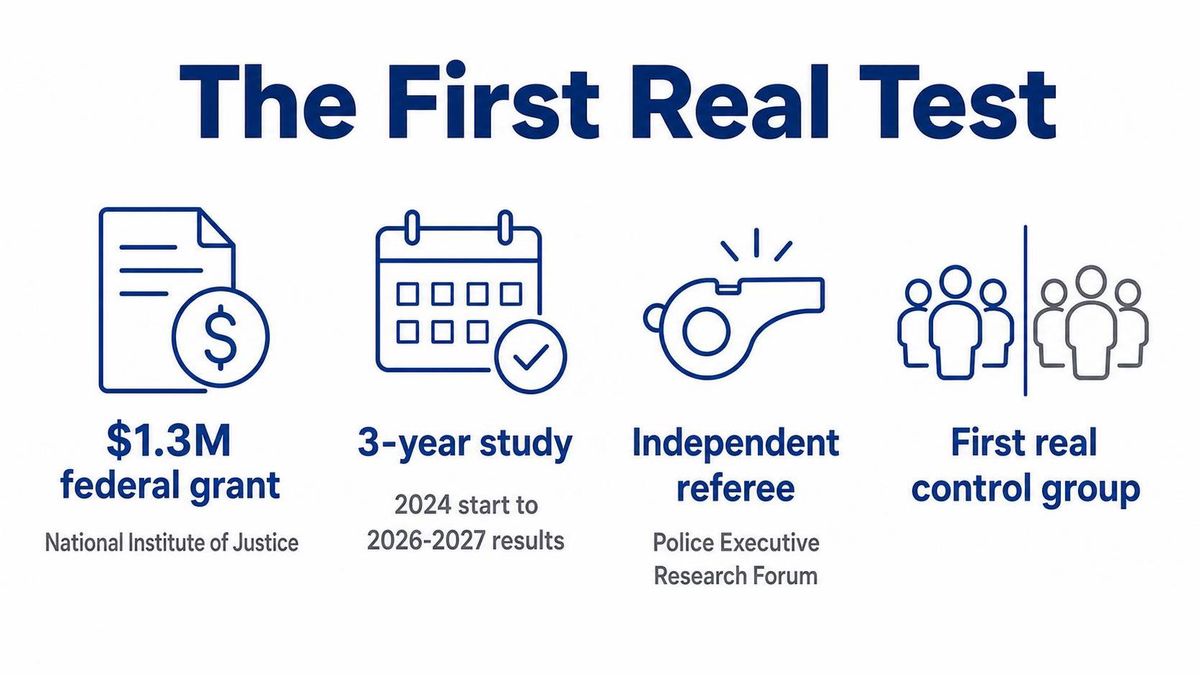 Infographic on the Colorado Springs study — $1.3M NIJ grant, three-year timeline (2024 start, results 2026-2027), run with an outside referee (Police Executive Research Forum), the first design with a real control group