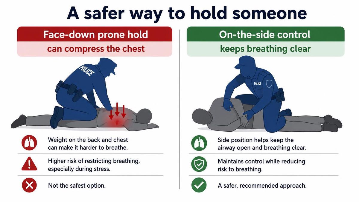 Infographic contrasting a face-down prone hold with an on-the-side control hold, one-line caption each