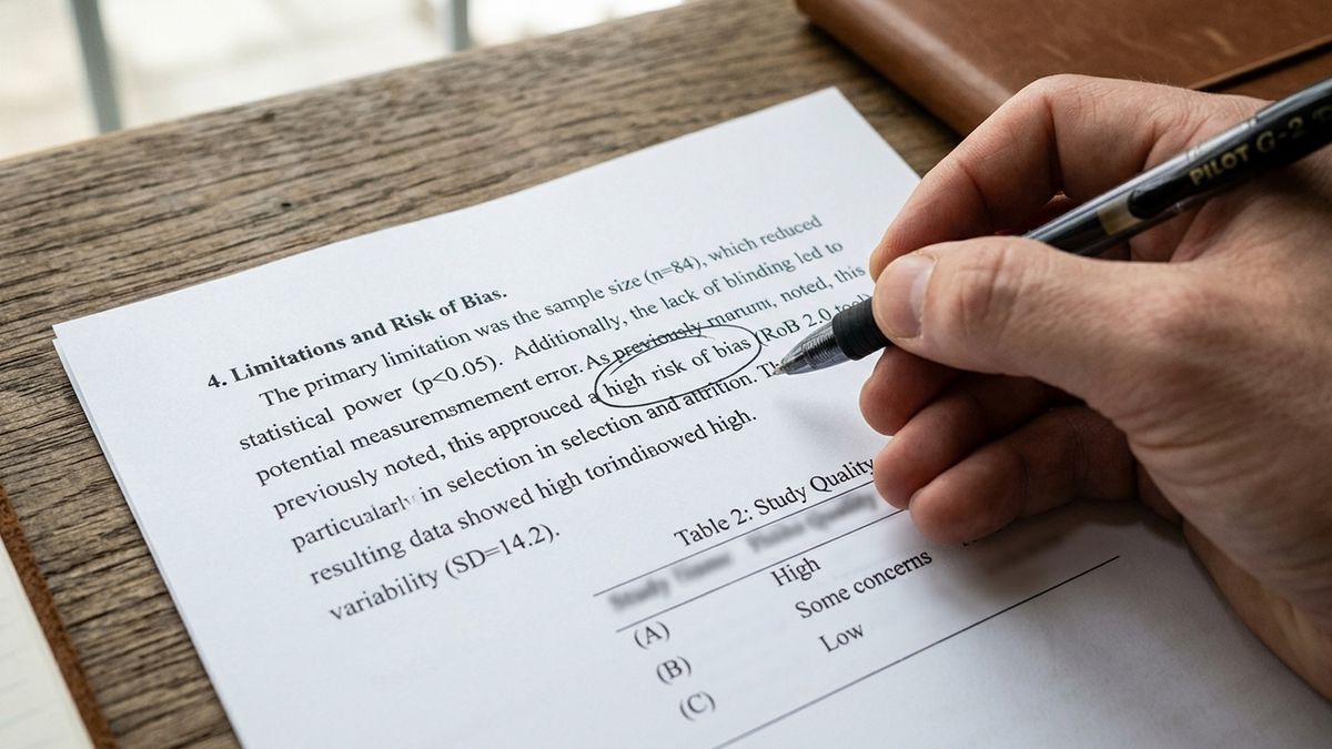 Close-up of a research paper page with the phrase 'high risk of bias' circled in pen