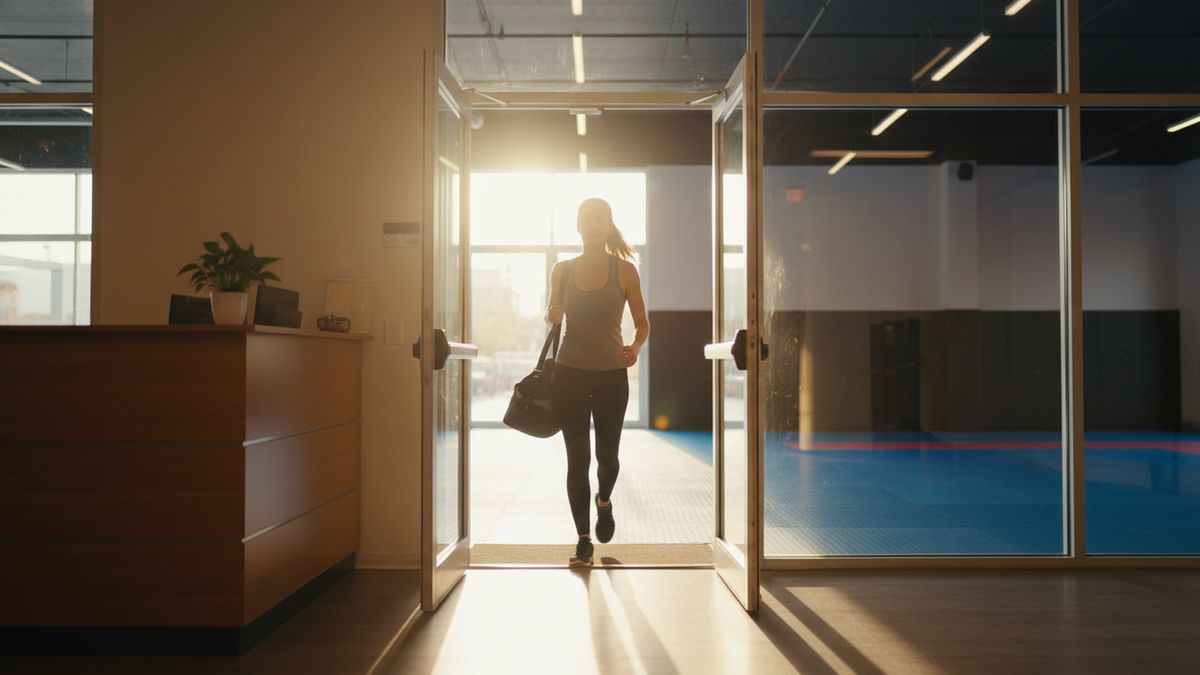 Woman stepping onto the mat for her first BJJ class