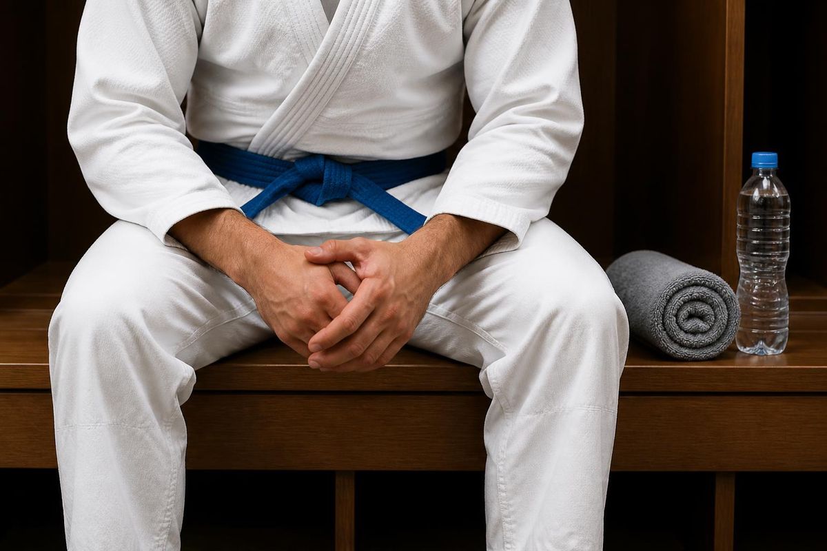 close-up of an athlete's hands gripping their knees while seated on a bench in a locker room before a match, gi pants visible