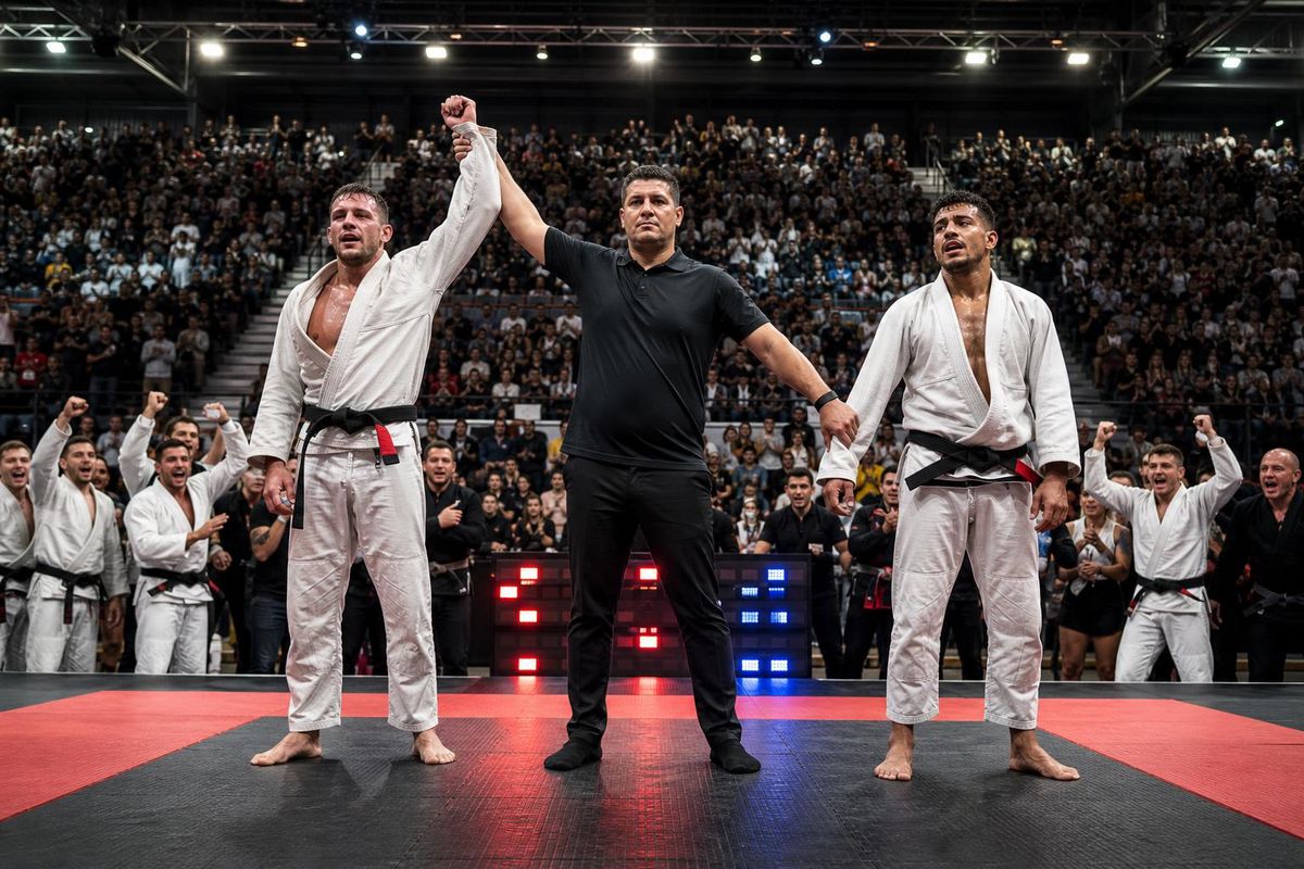 a referee at the center of a competition mat raising the winning competitor's arm overhead after a match, both athletes standing, packed arena crowd behind them