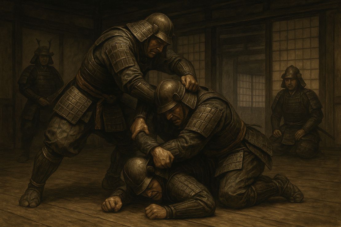 Traditional Japanese samurai warriors practicing ancient jujutsu techniques that would evolve into Brazilian Jiu-Jitsu