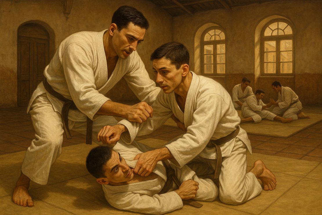 The Gracie family developing Brazilian Jiu-Jitsu techniques with emphasis on leverage and ground fighting