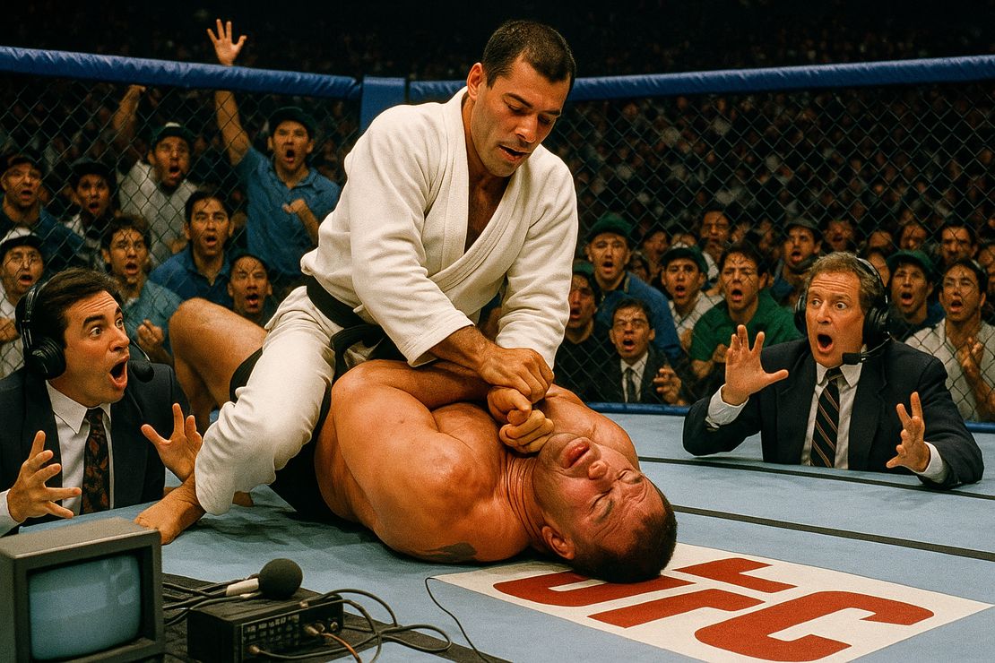 Royce Gracie demonstrating Brazilian Jiu-Jitsu effectiveness in early UFC competitions