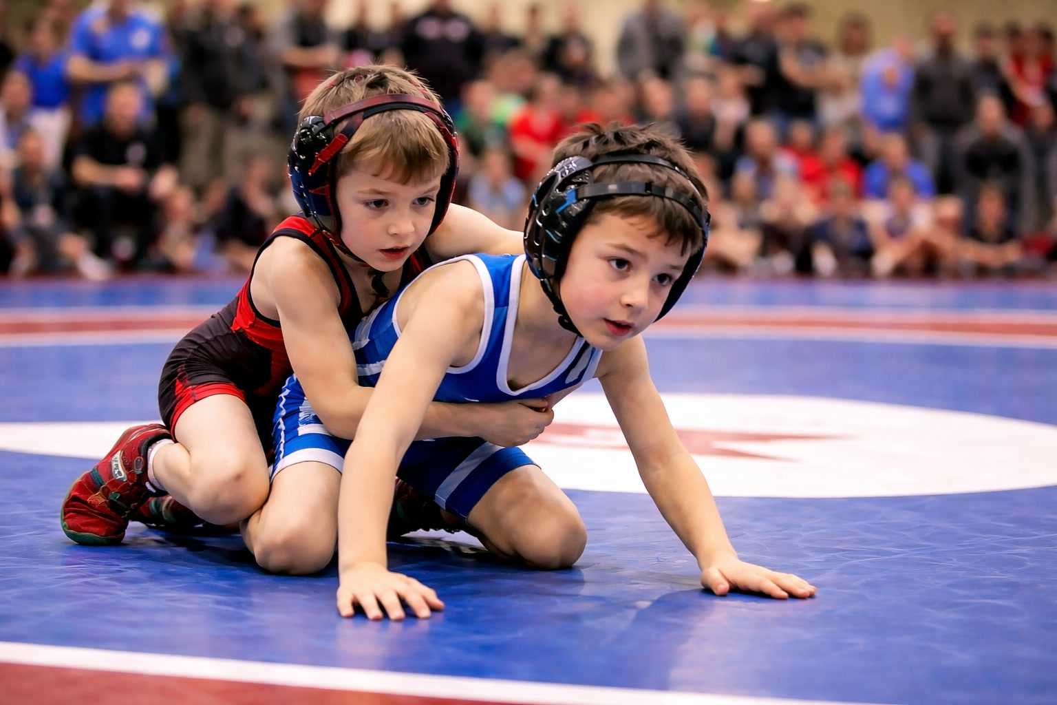 Youth wrestlers competing at a tournament — wrestling participation hit 300,000 for the first time ever